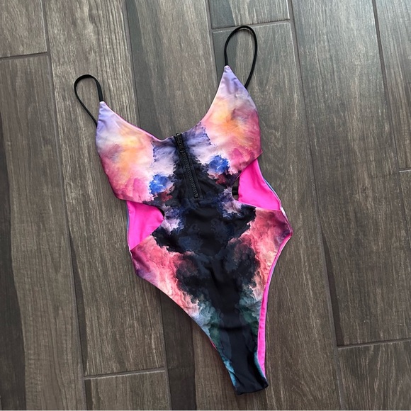 Satellite Island One Piece Swimsuit in Galaxy/Flamingo Reversible Sz S - Picture 3 of 6